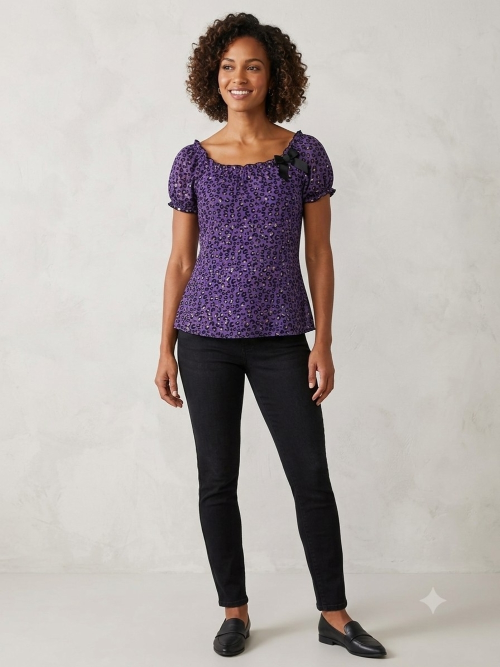George Purple Leopard Print Puff Sleeve Blouse.  (WS 47)